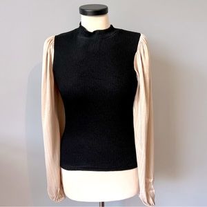 Zara Black Knit Top with Satin Pinstripe Puff Sleeves Size Medium